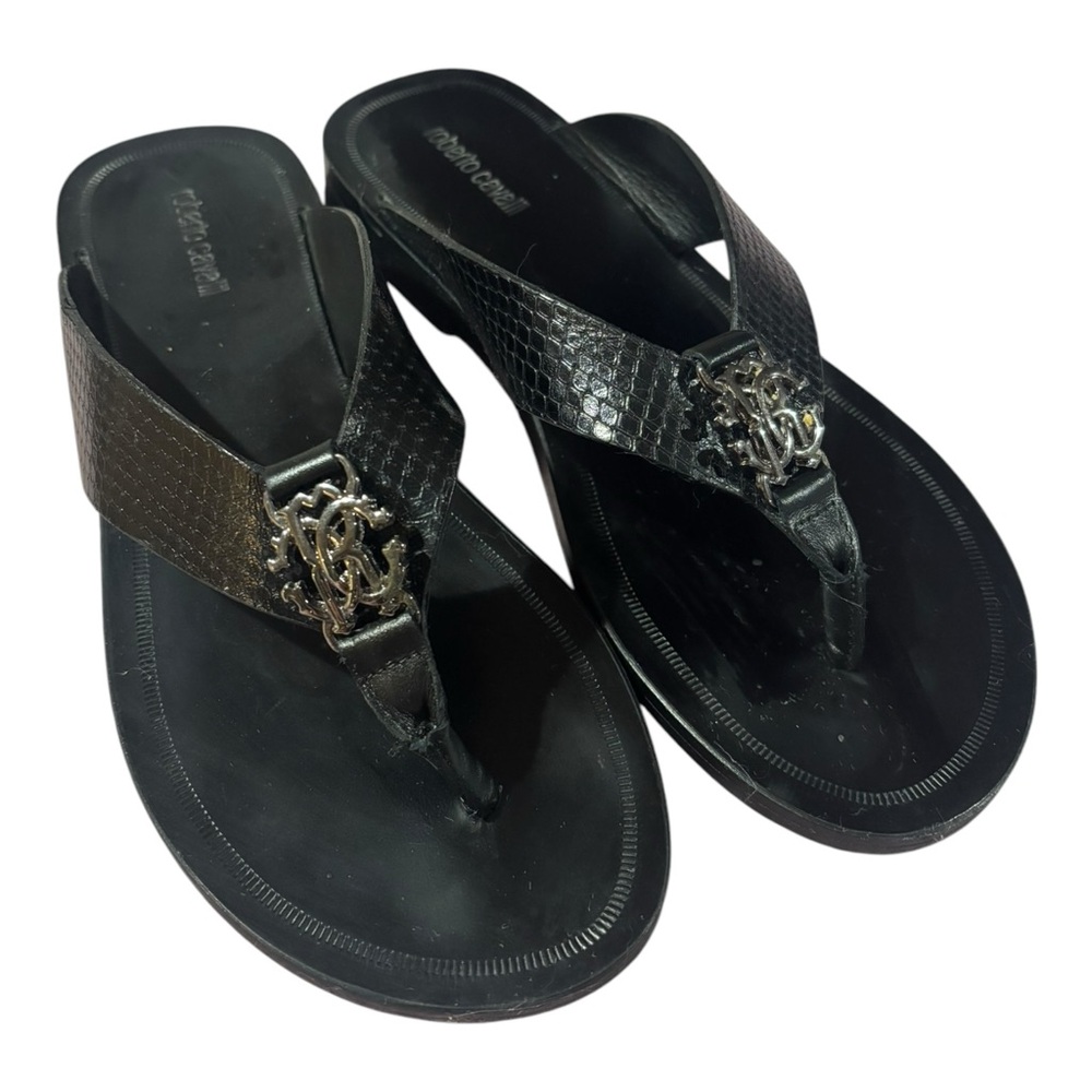 Roberto Cavalli Men's Snake Embossed Leather Thong Sandal Black Size 8.5 US 41.5